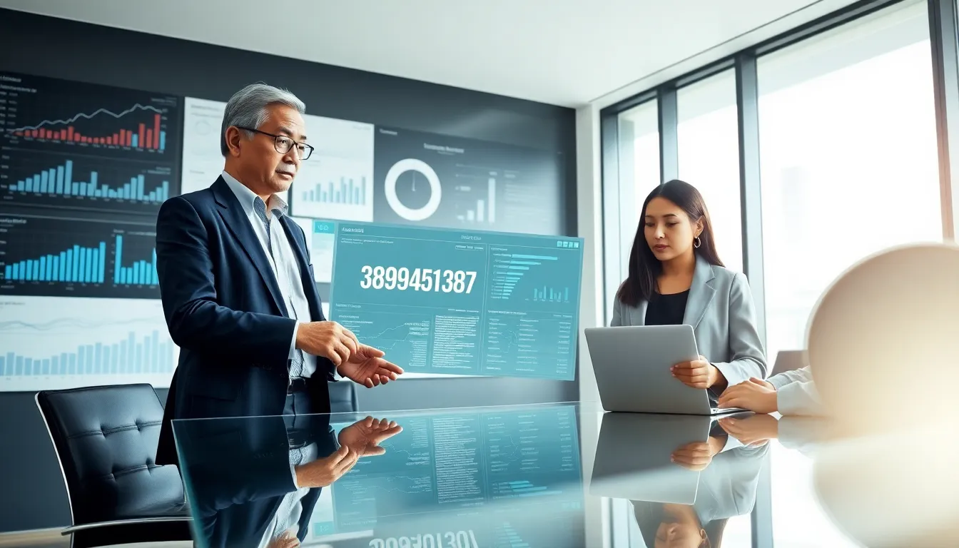 team discussing the significance of the number 3894251387 in a modern office.